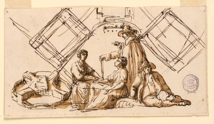 Part of a Sheet of a Drawing Book: Figures and Architectural Plans