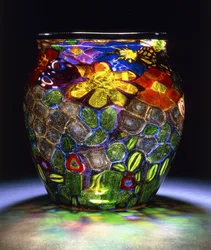 A Murrhine glass vase, with four butterflies, flowers and leaves, c.1918