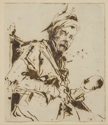 Male Half-Length Sitting in a Chair Wearing a Feathered Hat and Holding a Skull(?) in His Left Hand
