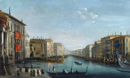 View of the Grand Canal from the Palazzo Balbi looking toward the Rialto Bridge with a Regatta