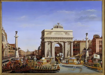 Visit of Napoleon I to Venice from 28 November to 8 December 1807: entrance of the Emperor in gondola on the Grand Canal Procession of gondolas