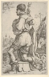Saint Roch, kneeling on a stone, seen from the side with his dog behind him and a townsman