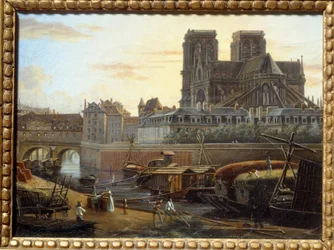 The Saint Charles bridge, the hotel dieu, the archeveche and Notre Dame seen from the Quai de la Tournelle in Paris