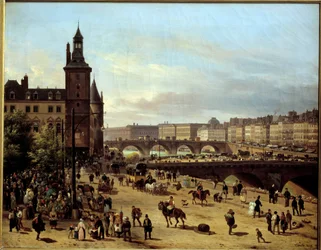 View of the Flower Walk, Clock Tower, Pont au Change and Pont-Neuf in Paris
