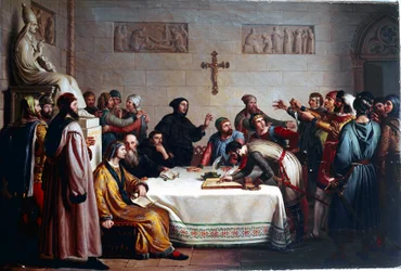The oath of Pontida. Ceremony of alliance on 07/04/1167 between the communes of Lombardy against the Holy Roman Empire of Frederic Barberossa. It is the origin of the Lega Lombarda. Painting by Giuseppe Diotti