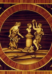Propitiatory ritual at herm of Mercury, detail from chest of drawers in walnut, maple, boxwood, olive, rose and rosewood, by Giuseppe Maggiolini, Italy
