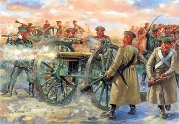 Crimean War: Russian artillery dominance in the Battle of Balaklava on 25/10/1854 - Crimean War: Russian soldiers during the Battle of Balaklava fought on 25 October 1854 - Illustration by Giuseppe Rava