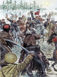 Russian Civil War (1917-1923): Caucasus soldiers at the side of White Armies in 1919 - Russian Civil War: the Cossacks fighting against the White Russian army in 1919 - Illustration by Giuseppe Rava