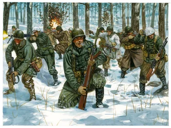 Second World War: American Infantry Offensive at the Battle of the Ardennes in Bastogne, December 1944