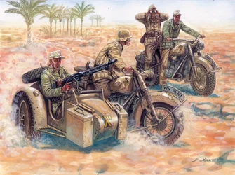 Second World War: the Deutsches Afrikakorps (DAK Afrika Korps) rolling in the Libyan desert in sidecars BMW