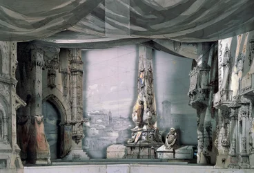 Square in front of Cathedral of Valladolid, Act III, Scene IV, set design for Don Carlos by Giuseppe Verdi