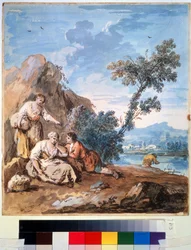 Three Peasants Resting on a River Bank