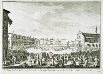 Festa della Corsa dei Cocchi in Piazza Santa Maria Novella. The feast of Corsa dei Cocchi square of the Church of Santa Maria Novella in Florence. Drawing by Giuseppe Zocchi. Firenze, Biblioteca Riccardiana.