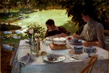 Breakfast in the garden A mother and her son sitting at a table set for breakfast watch geese and ducks in the garden (1884)