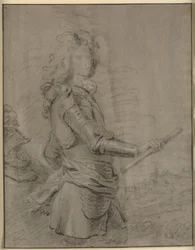 Three-quarter Portrait of a Commander in Armour with a Staff in His Right Hand. In the Background a Landscape with a Town