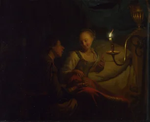 A Candlelight Scene: A Man Offering a Gold Chain and Coins to a Girl Seated on a Bed