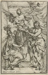 Minerva, Hercules, and Fame with Coat of Arms