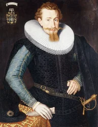 Portrait of a Gentleman, aged twenty-five, three-quarter length, in a black doublet with turquoise and gold sleeves and a white ruff, by a draped table