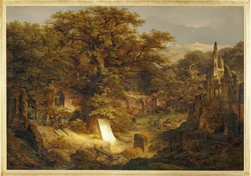 Landscape with tombstone and ruins