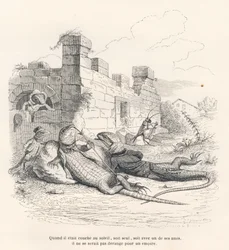 Lizard smoking in the sun with one of his friends. Illustrated vignettes by JJ Granville. Engraving signed Andrew, Best and Leloir in the section titled "Memories of an Old Crow" written by PJ Stahl in "Scenes from the Private and Public Life of Animals". 