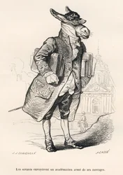 Academic Donkey Loaded with Works. Illustrated Vignettes by JJ Granville. Engraving signed Caque in the section 