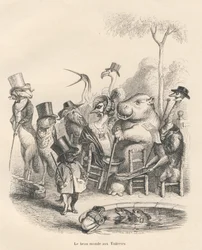 Animals in Elegant Outfits Walking in the Tuileries. Illustrated Vignettes by JJ Granville. Engraving Signed by Andrew, Best, and Leloir in the Section 