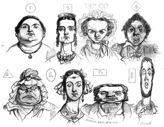 Cartoons illustrating the different forms of face, expressions, associating them with distinct moral characteristics by Jean Ignace Isidore Gerard Grandville. In The picturesque store 1835