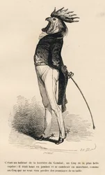 Rooster Used to the Combat Barrier Walking Proudly. Illustrated Vignettes by JJ Granville. Engraving Signed Caque in the Section 
