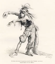 Then so many animal passions erupt in man that one would not doubt their affinity. Illustrated vignettes by JJ Granville. Engraving signed Porret in the section titled "Voyage of an African Lion to Paris" written by Honore de Balzac in "Scenes from the Pri