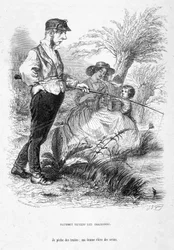 Jérôme Paturot giving up his ideas of greatness, fishing while his wife takes care of their child. Cartoon In 