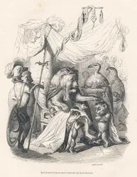 Young Lion Cubs Receiving the Blessing of the Lion King. Illustrated Vignettes by JJ Granville. Engraving Signed Breviere in the Section 