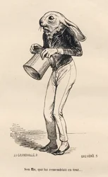 Fearful hare in dandy costume. Illustrated vignettes by JJ Granville. Engraving signed Breviere in the section "History of a Hare" written by PJ Stahl in "Scenes from the Private and Public Life of Animals". Paris, J. Hetzel and Paulin