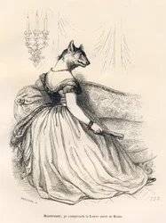She-Wolf Sitting in an Armchair. Illustrated Vignettes by JJ Granville. Engraving Signed Breviere in the Section Entitled 