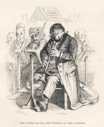 Orchestra with a Dog Playing the Flute with Chicks Coming Out of the Musical Instrument. Illustrated Vignettes by JJ Granville. Engraving Signed Caque in the Section 
