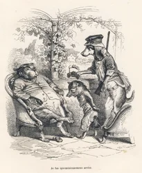 Fox Arrested by a Dog. Illustrated Vignettes by JJ Granville. Engraving Signed Godard in the Section 