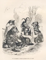 Foxes Eating Eggs in Front of a Crying Hen. Illustrated Vignettes by JJ Granville. Engraving Signed Godard in the Section Titled 