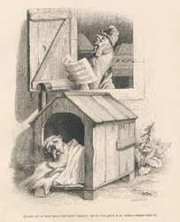 Lazy Dog in His Kennel Awakened by a Rooster Crowing at Dawn