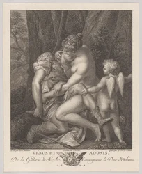 Venus mourning Adonis, seated beneath a tree and embracing him, with Cupid at right