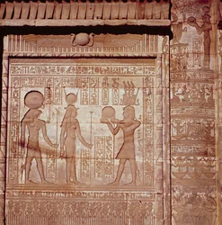 Relief Depicting a Pharaoh Making an Offering to Hathor and Horus, from the Roman Birth House, or Mammisi, at Dendera