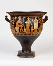 A Campanian Bell-Krater by the Ca Painter Depicting a Seated Warrior and Two Women, 4th Century BC