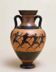 An Attic black-figure amphora of panathenaic shape featuring four naked athletes sprinting to the right