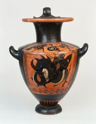 An Attic black-figure hydria depicting Athena and Herakles in combat, and below, Herakles wrestling with Nereos