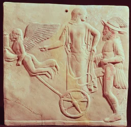 Aphrodite and Hermes riding on a chariot pulled by Eros and Psyche, 470 BC