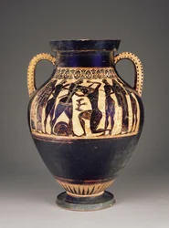 Athenian Attic black-figure amphora attributed to Lydos with Theseus killing the Minotaur