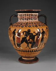 Athenian Attic black-figure neck amphora with Theseus killing the Minotaur