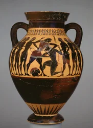 Attic Black-Figure Amphora Showing Theseus and the Minotaur Observed by Six Youths