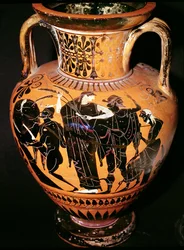 Attic black-figure vase depicting Synthos, Demeter, Hermes and the boatman, c.535-540 BC