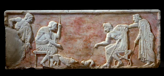 Kouros Base Representing Two Young People Exciting a Dog and a Cat