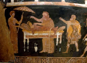 Greek Art: Vase of Archemorus: the Funeral of Archemorus (Opheltes). Painting by the Darius Painter. From Ruvo. 4th century BC. National Archaeological Museum, Naples