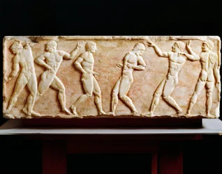 Stele depicting athletes at gymnasium, From Kerameikos necropolis in Athens, Greece, 510 BC